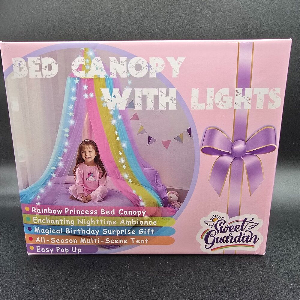 Rainbow Princess Bed Canopy w/ Star Lights – Kids Bed Tent – NIB